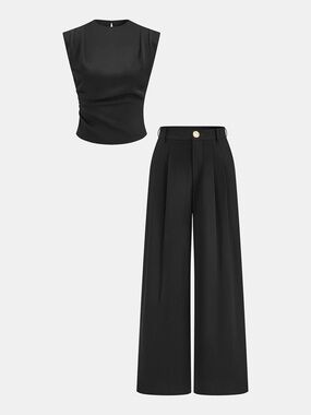 Commense Black Wide-Leg Pleated Pants with Sleeveless Top Two-Piece Set